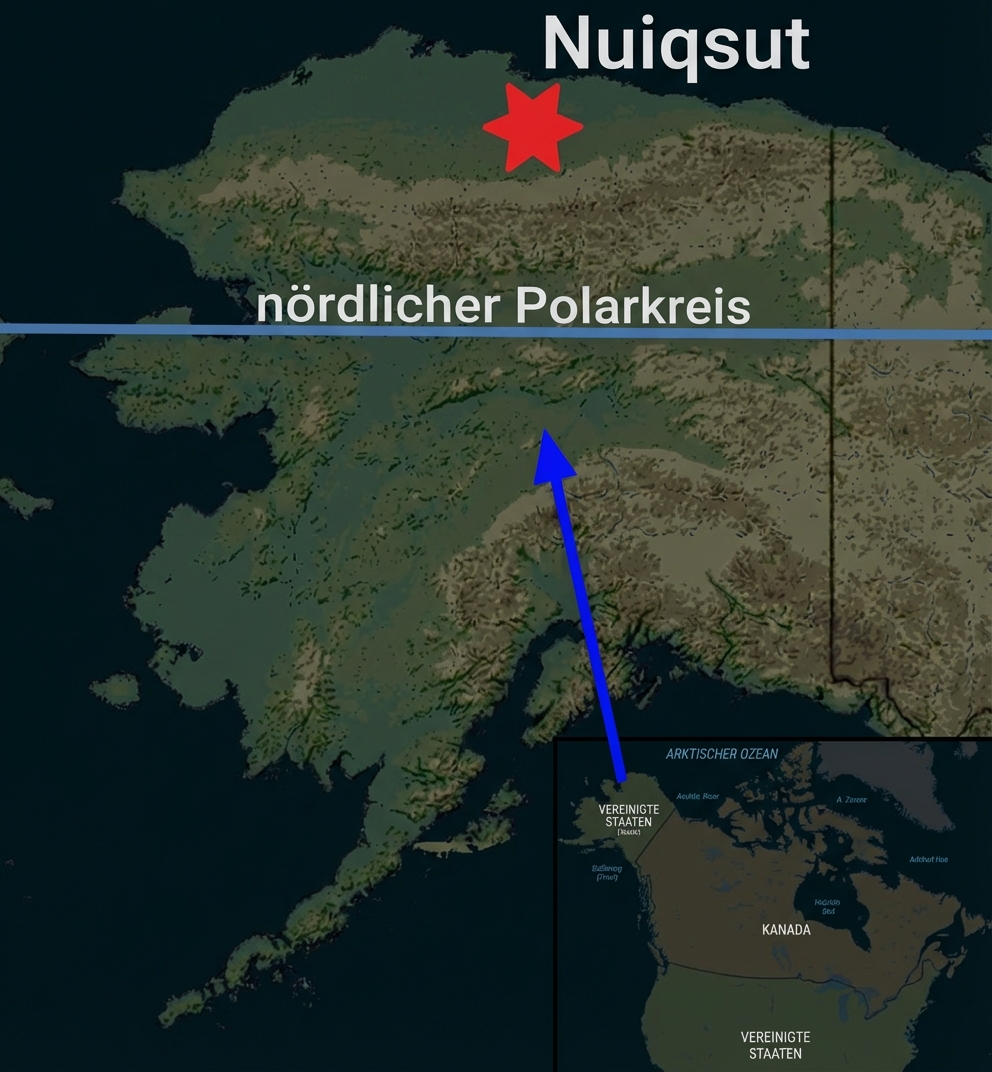 Karte von Alaska mit rotem Stern bei Nuiqsut, nördlicher Polarkreis und blauem Pfeil zum Nordamerika-Inset